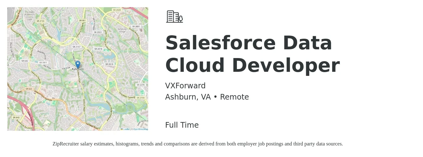 VXForward LLC job posting for a Salesforce Data Cloud Developer in Ashburn, VA with a salary of $57 to $75 Hourly with a map of Ashburn location.