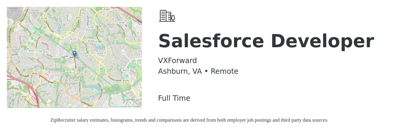 VXForward job posting for a Salesforce Developer in Ashburn, VA with a salary of $57 to $75 Hourly with a map of Ashburn location.