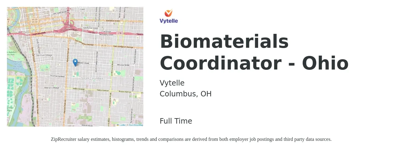 Vytelle job posting for a Biomaterials Coordinator - Ohio in Columbus, OH with a map of Columbus location.