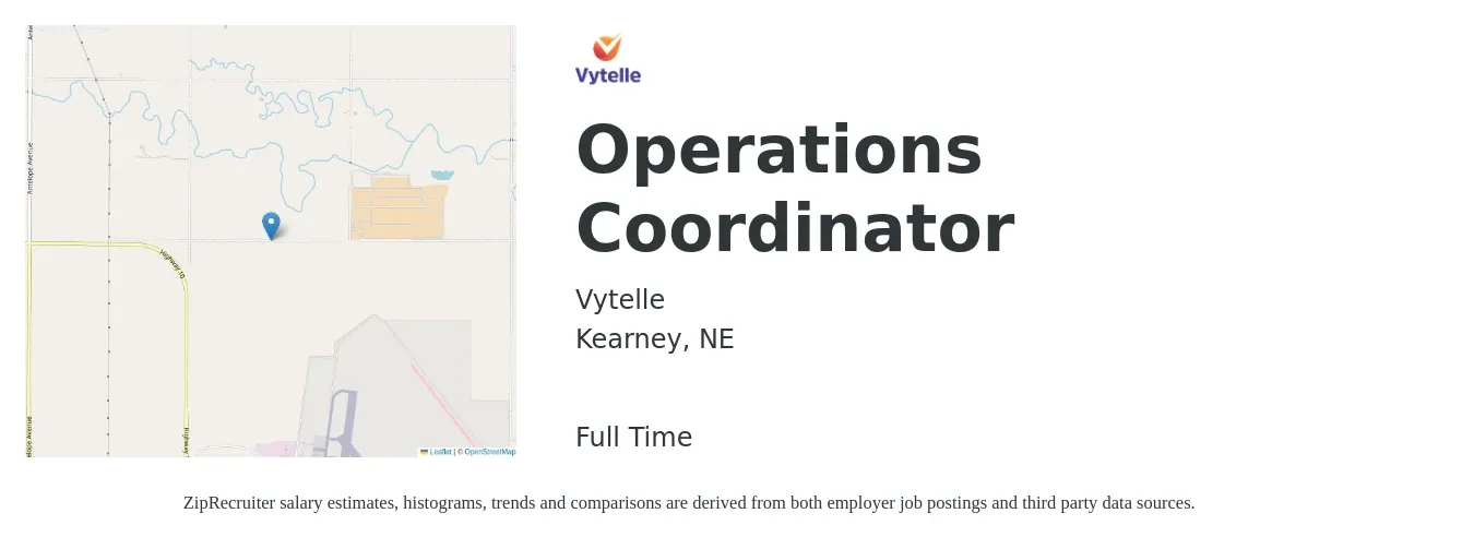 Vytelle job posting for a Operations Coordinator in Kearney, NE with a salary of $18 to $26 Hourly with a map of Kearney location.