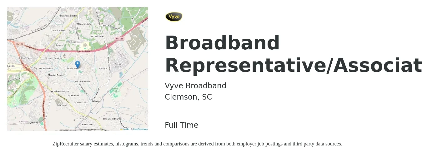 Vyve Broadband job posting for a Broadband Representative/Associate/Specialist in Clemson, SC with a salary of $17 to $24 Hourly with a map of Clemson location.