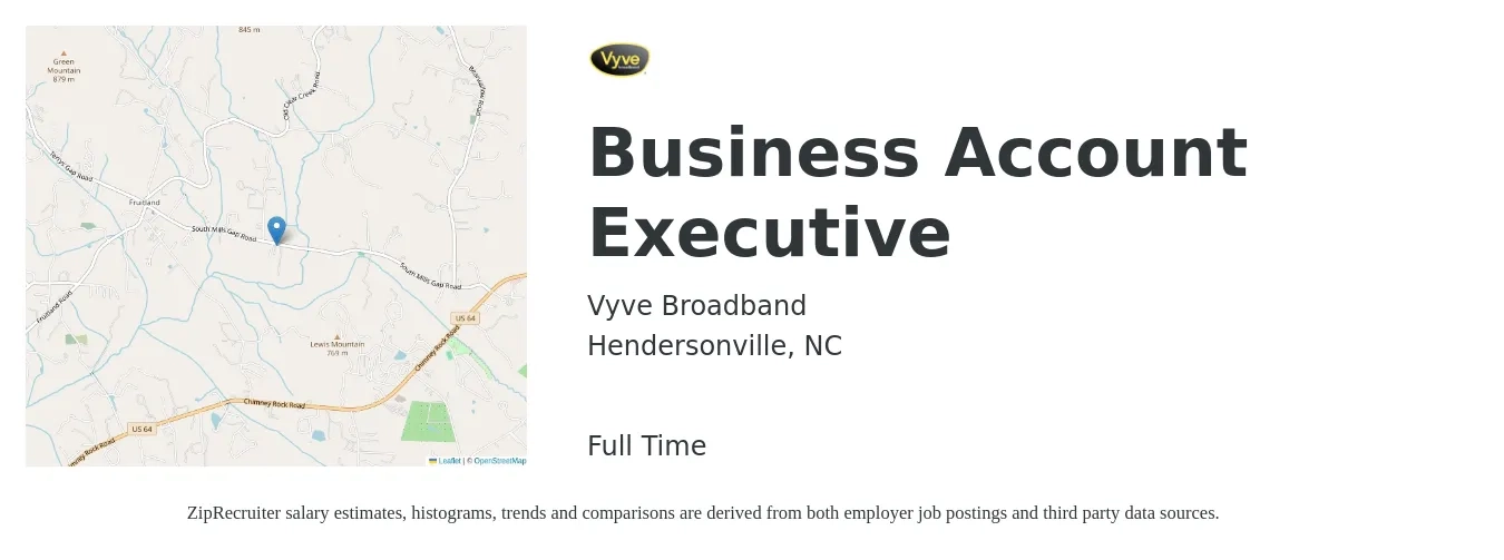 Vyve Broadband job posting for a Business Account Executive in Hendersonville, NC with a salary of $45,800 to $69,700 Yearly with a map of Hendersonville location.