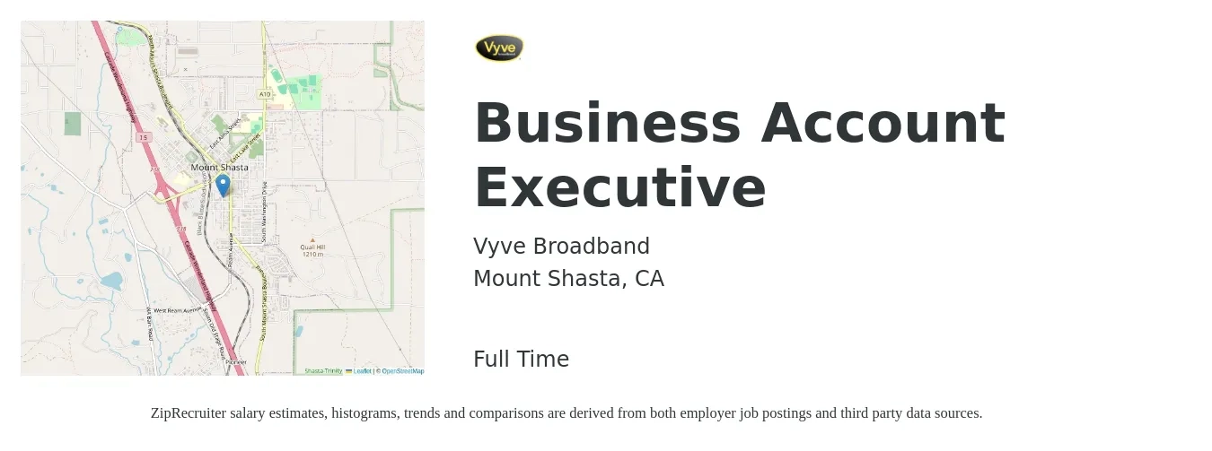 Vyve Broadband job posting for a Business Account Executive in Mount Shasta, CA with a salary of $56,500 to $85,800 Yearly with a map of Mount Shasta location.