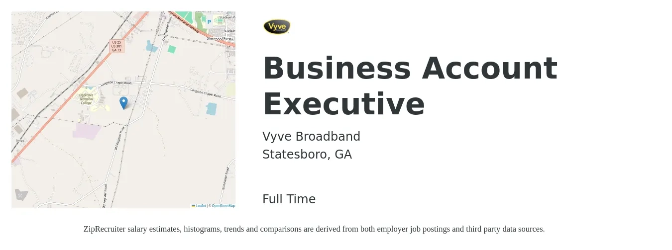 Vyve Broadband job posting for a Business Account Executive in Statesboro, GA with a salary of $40,900 to $62,100 Yearly with a map of Statesboro location.