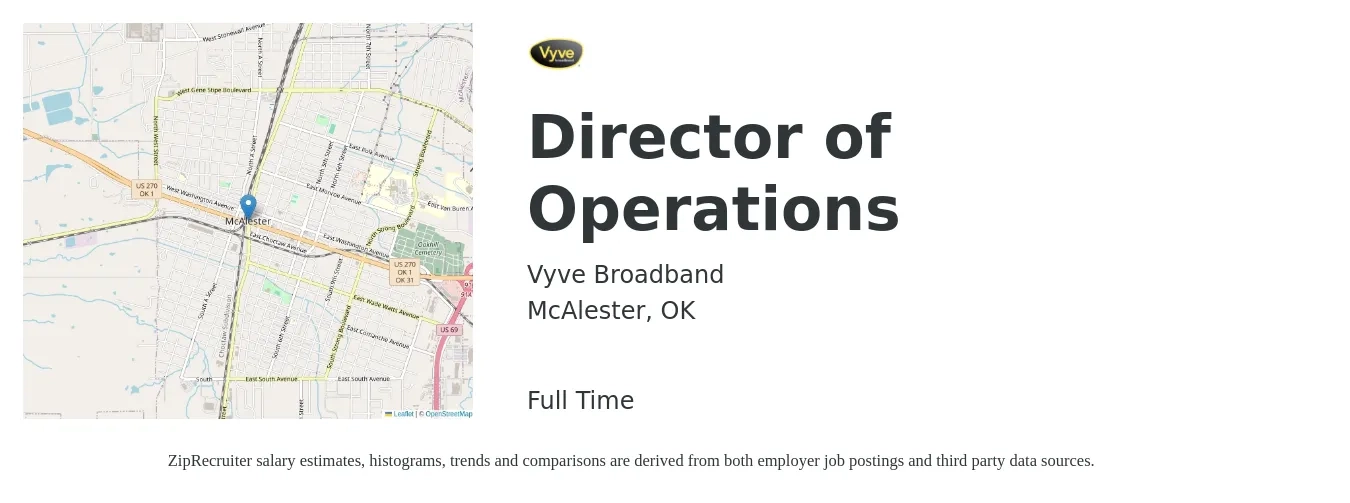 Vyve Broadband job posting for a Director of Operations in McAlester, OK with a salary of $66,500 to $119,400 Yearly with a map of McAlester location.