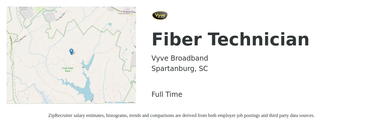 Vyve Broadband job posting for a Fiber Technician in Spartanburg, SC with a salary of $22 to $32 Hourly with a map of Spartanburg location.