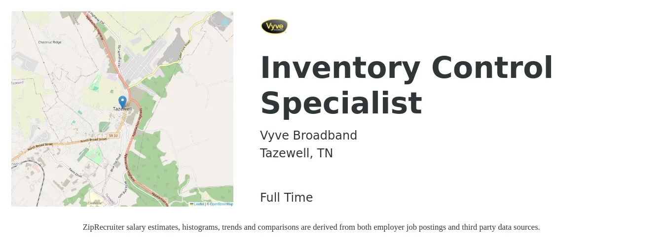 Vyve Broadband job posting for a Inventory Control Specialist in Tazewell, TN with a salary of $13 to $17 Hourly with a map of Tazewell location.