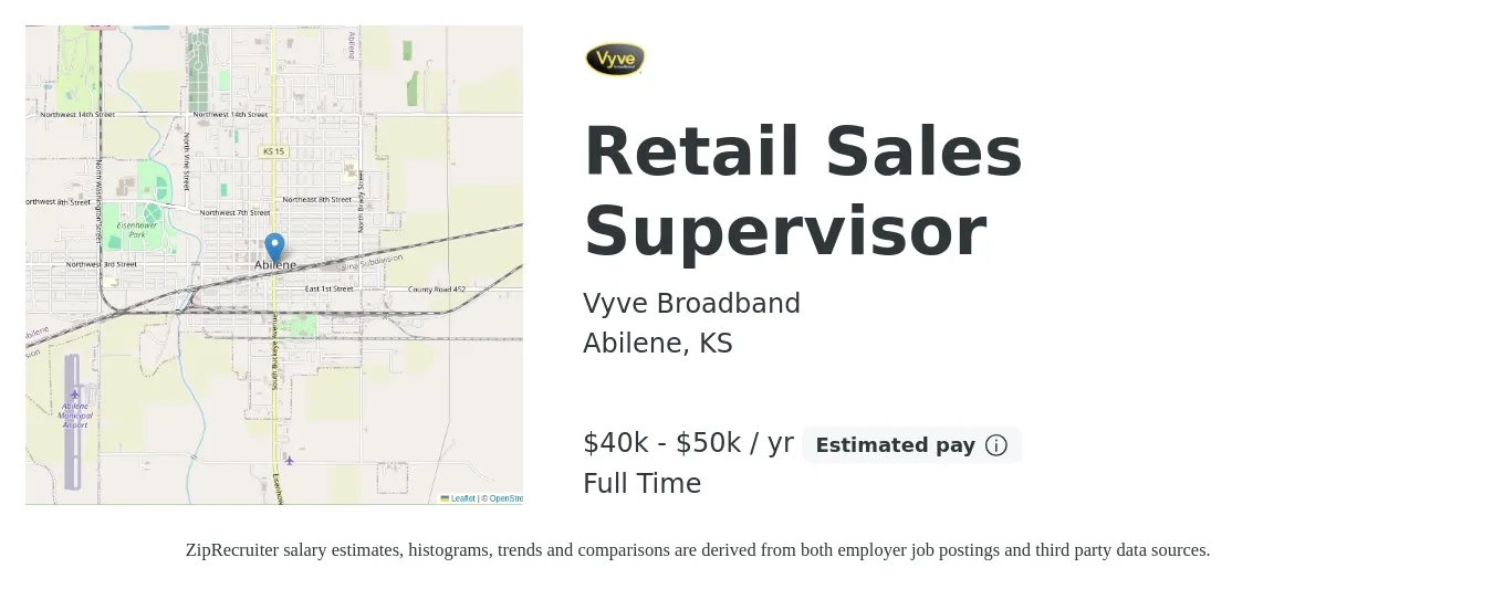 Vyve Broadband job posting for a Retail Sales Supervisor in Abilene, KS with a salary of $40,000 to $50,000 Yearly with a map of Abilene location.