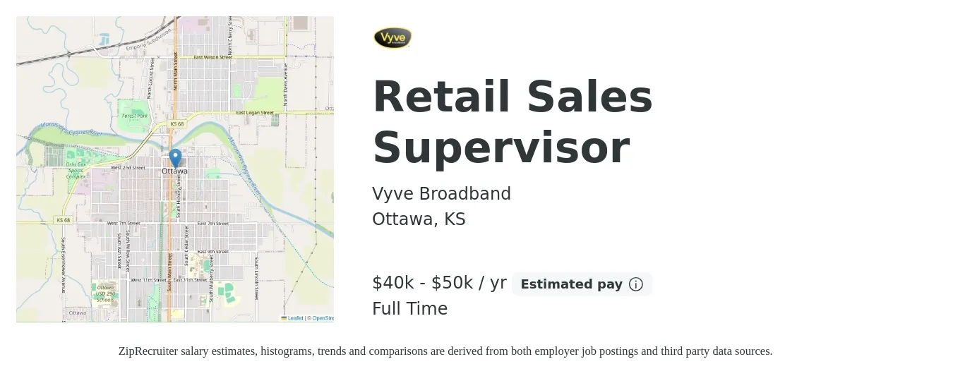 Vyve Broadband job posting for a Retail Sales Supervisor in Ottawa, KS with a salary of $40,000 to $50,000 Yearly with a map of Ottawa location.