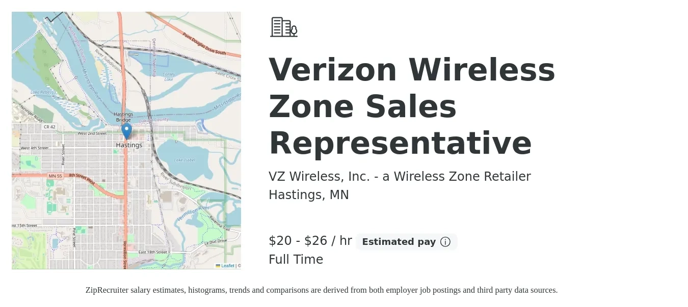VZ Wireless, Inc. - a Wireless Zone Retailer job posting for a Verizon Wireless Zone Sales Representative in Hastings, MN with a salary of $21 to $28 Hourly with a map of Hastings location.