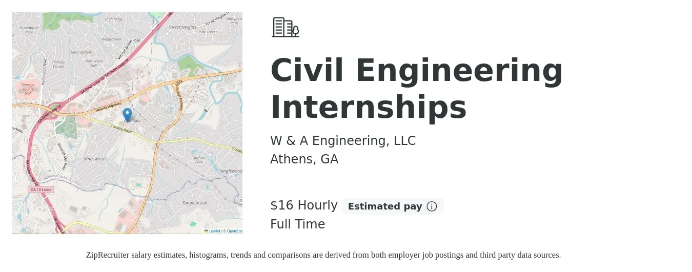 W & A Engineering, LLC job posting for a Civil Engineering Internships in Athens, GA with a salary of $17 Hourly with a map of Athens location.