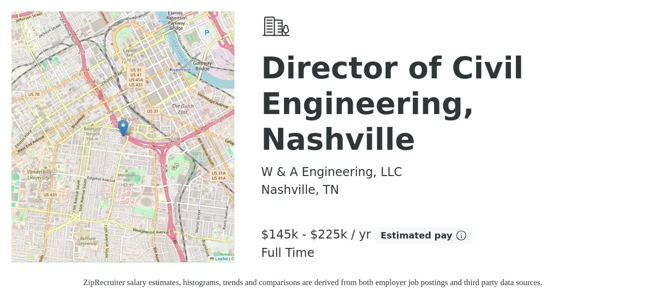W & A Engineering, LLC job posting for a Director of Civil Engineering, Nashville in Nashville, TN with a salary of $145,000 to $225,000 Yearly with a map of Nashville location.