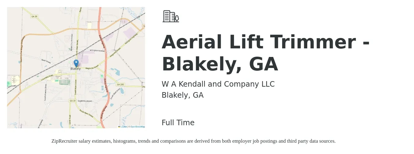 W A Kendall and Company LLC job posting for a Aerial Lift Trimmer - Blakely, GA in Blakely, GA with a salary of $16 to $32 Hourly with a map of Blakely location.