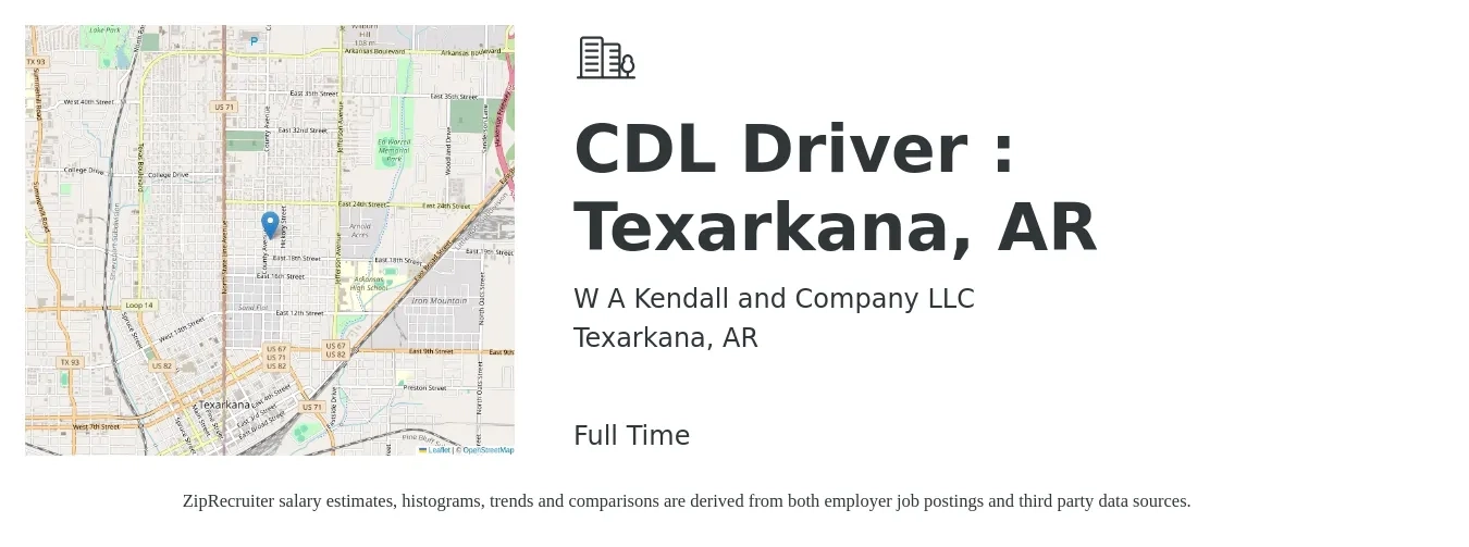 W A Kendall and Company LLC job posting for a CDL Driver : Texarkana, AR in Texarkana, AR with a salary of $23 to $40 Hourly with a map of Texarkana location.