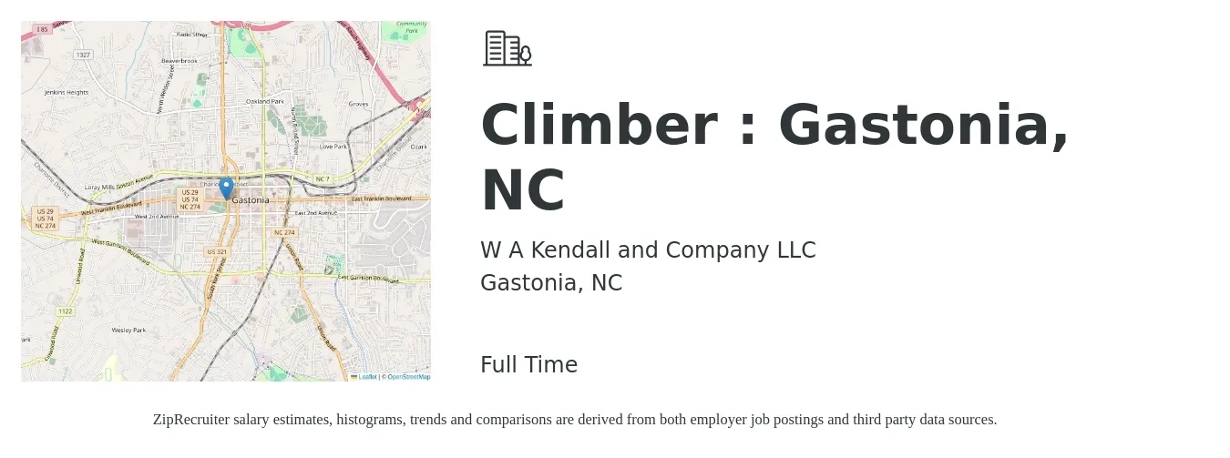 W A Kendall and Company LLC job posting for a Climber : Gastonia, NC in Gastonia, NC with a salary of $20 to $27 Hourly with a map of Gastonia location.