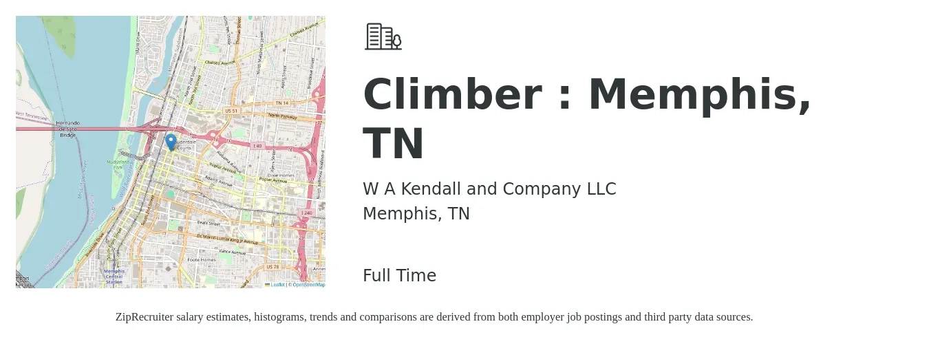 W A Kendall and Company LLC job posting for a Climber : Memphis, TN in Memphis, TN with a salary of $21 to $28 Hourly with a map of Memphis location.