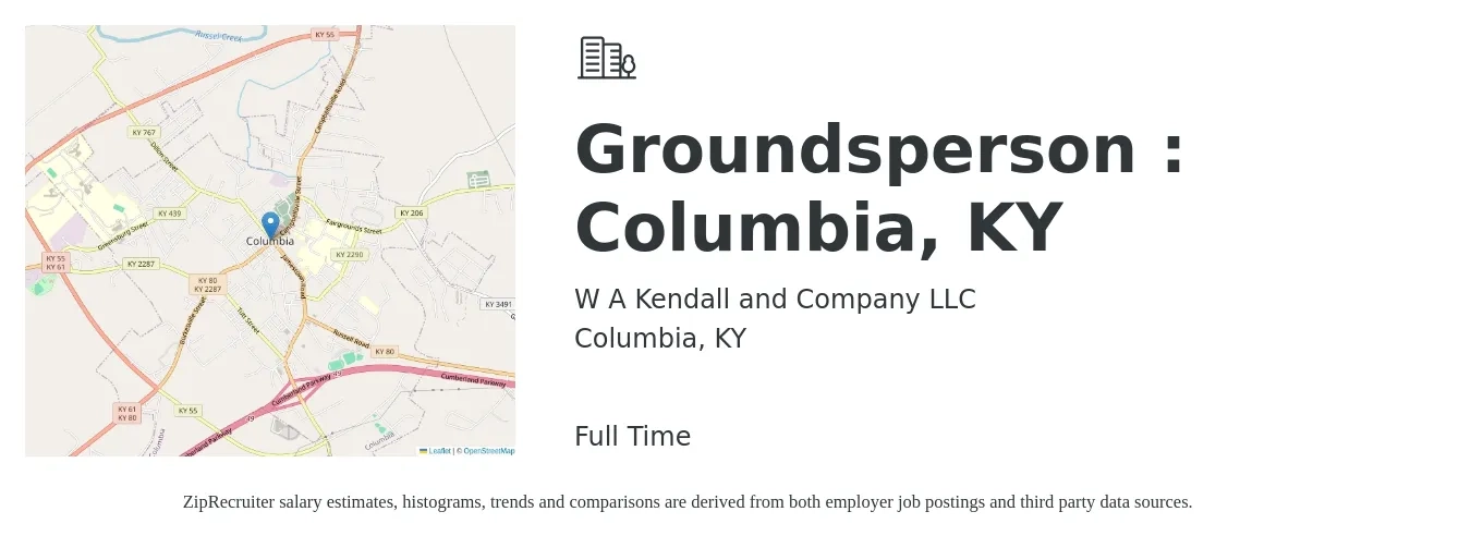 W A Kendall and Company LLC job posting for a Groundsperson : Columbia, KY in Columbia, KY with a salary of $13 to $17 Hourly with a map of Columbia location.