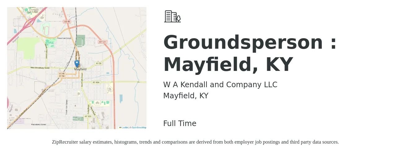 W A Kendall and Company LLC job posting for a Groundsperson : Mayfield, KY in Mayfield, KY with a salary of $13 to $17 Hourly with a map of Mayfield location.