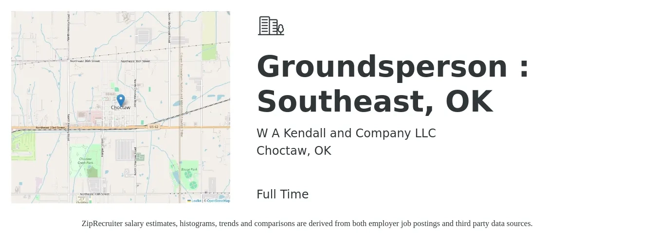 W A Kendall and Company LLC job posting for a Groundsperson : Southeast OK in Choctaw, OK with a salary of $24 to $42 Hourly with a map of Choctaw location.