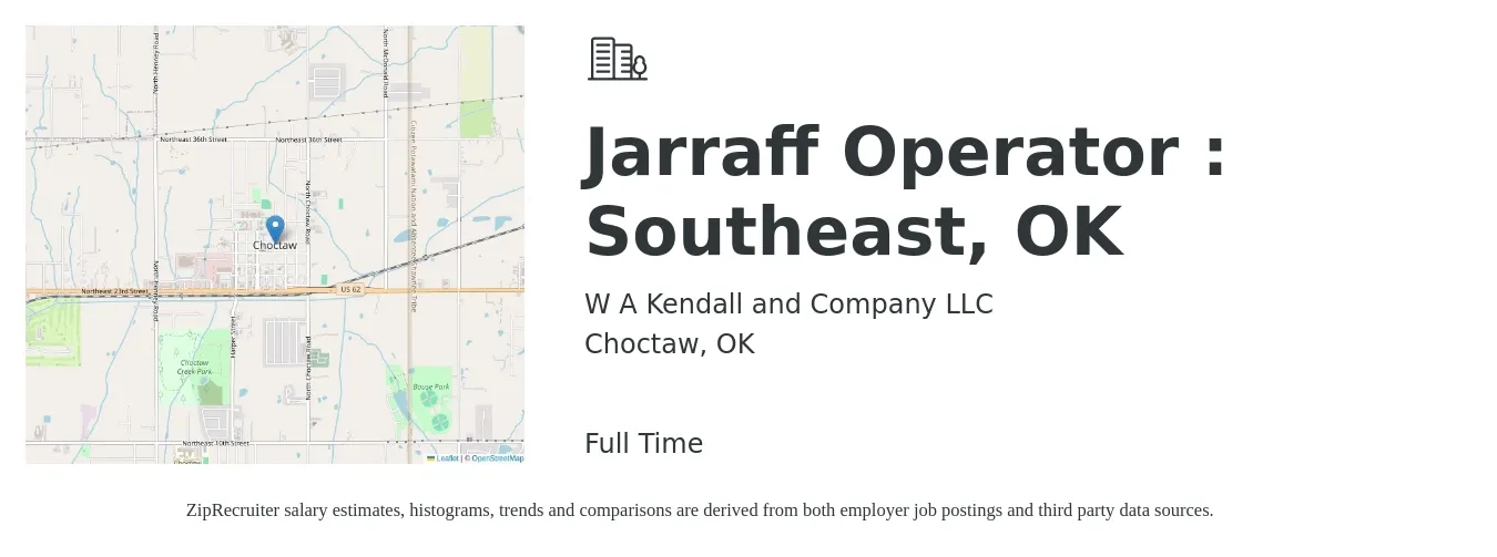 W A Kendall and Company LLC job posting for a Jarraff Operator : Southeast OK in Choctaw, OK with a salary of $17 to $22 Hourly with a map of Choctaw location.
