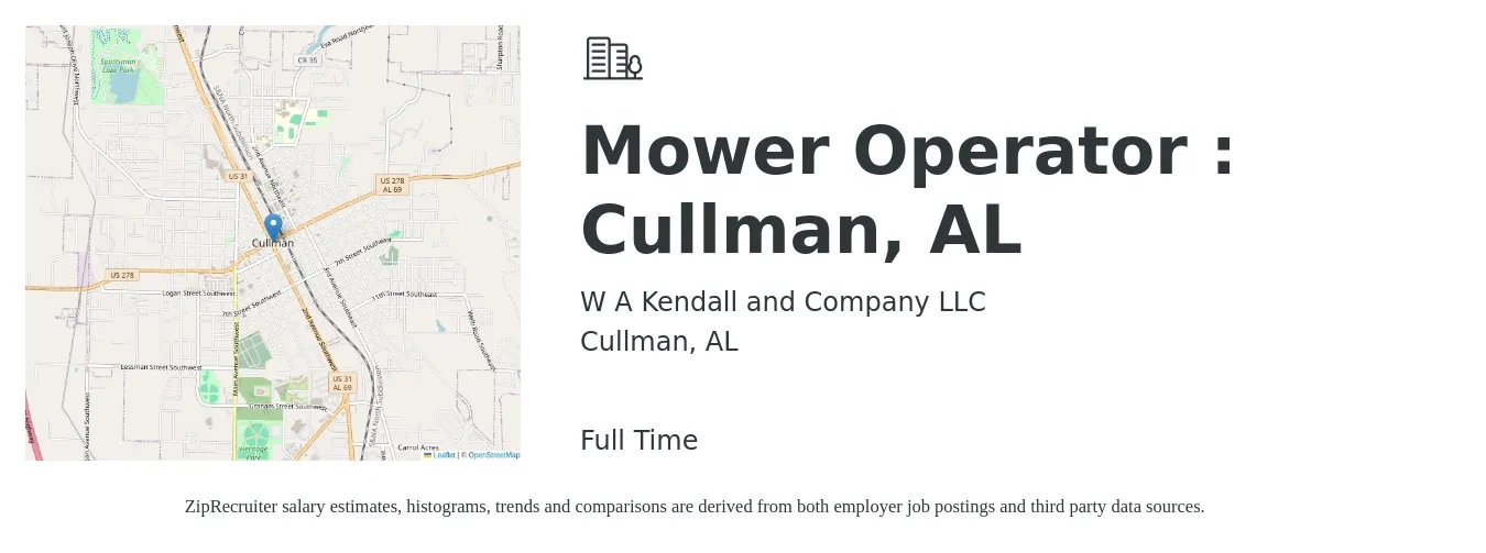 W A Kendall and Company LLC job posting for a Mower Operator : Cullman, AL in Cullman, AL with a salary of $17 to $24 Hourly with a map of Cullman location.