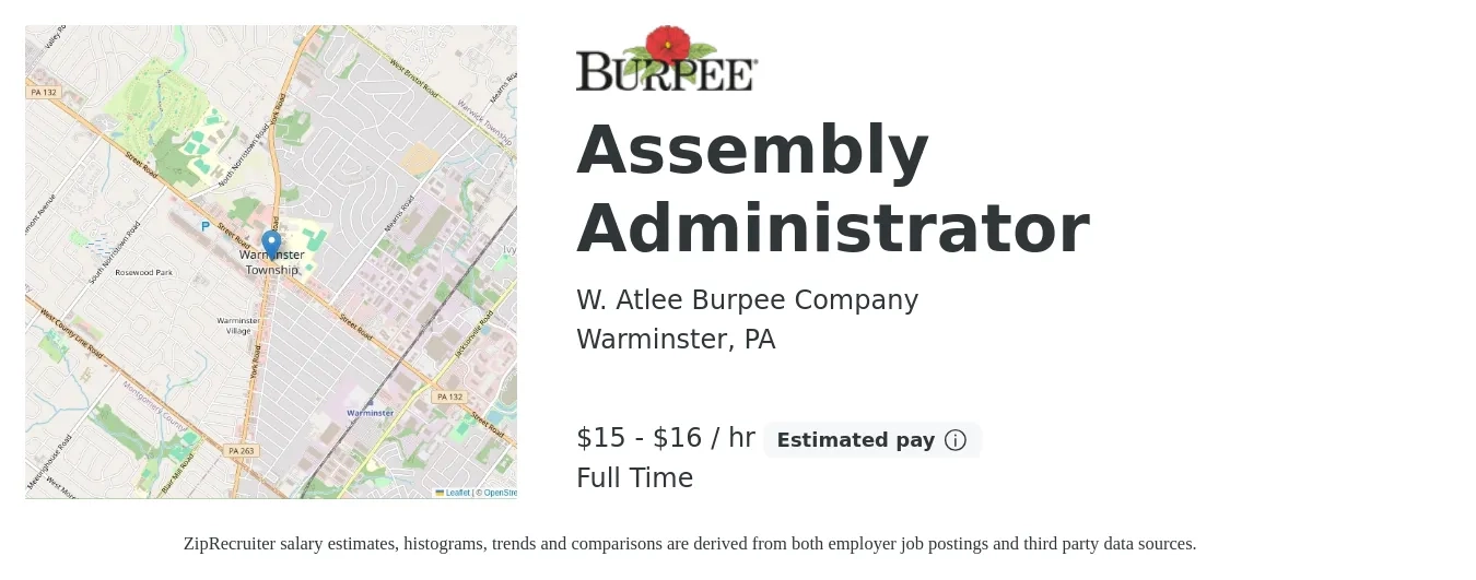 W. Atlee Burpee Company job posting for a Assembly Administrator in Warminster, PA with a salary of $16 to $17 Hourly with a map of Warminster location.