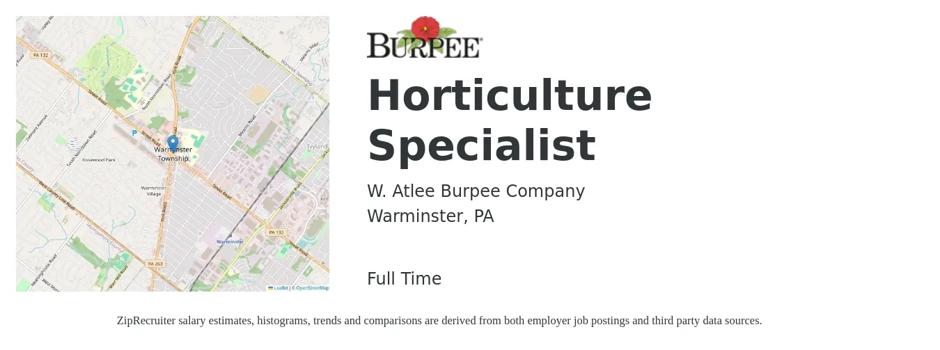 W. Atlee Burpee Company job posting for a Horticulture Specialist in Warminster, PA with a salary of $18 to $27 Hourly with a map of Warminster location.