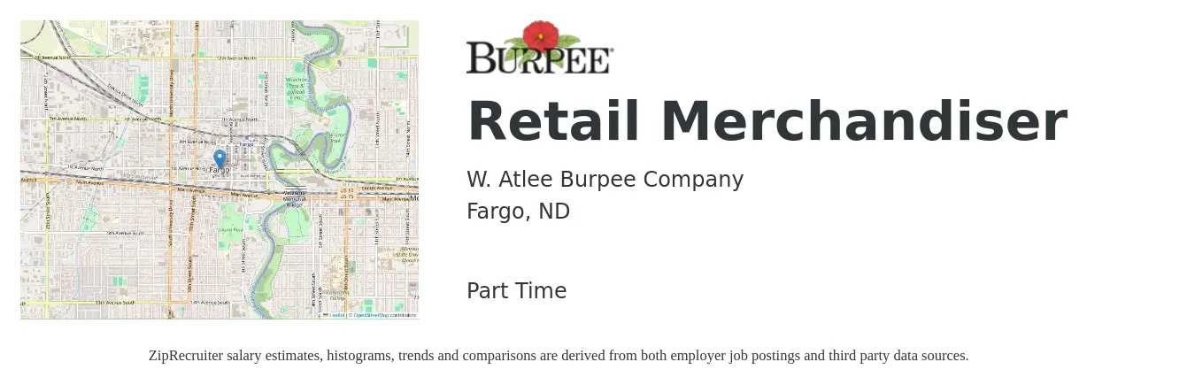 W. Atlee Burpee Company job posting for a Retail Merchandiser in Fargo, ND with a salary of $14 to $17 Hourly with a map of Fargo location.