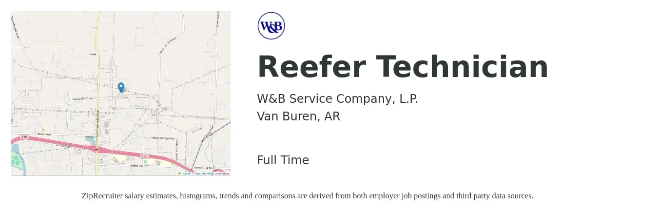 W&B Service Company, L.P. job posting for a Reefer Technician in Van Buren, AR with a salary of $23 to $32 Hourly with a map of Van Buren location.