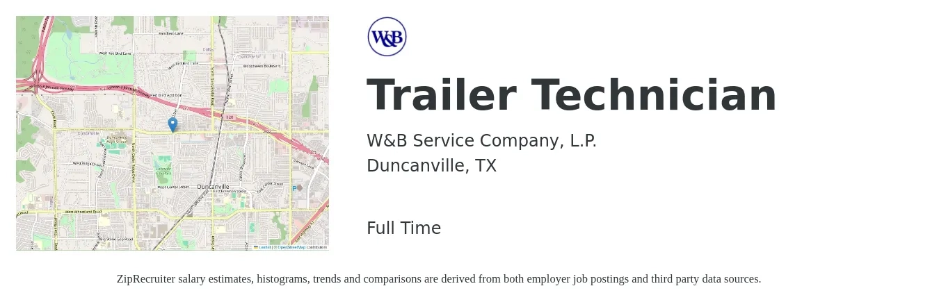 W&B Service Company, L.P. job posting for a Trailer Technician in Duncanville, TX with a salary of $19 to $26 Hourly with a map of Duncanville location.