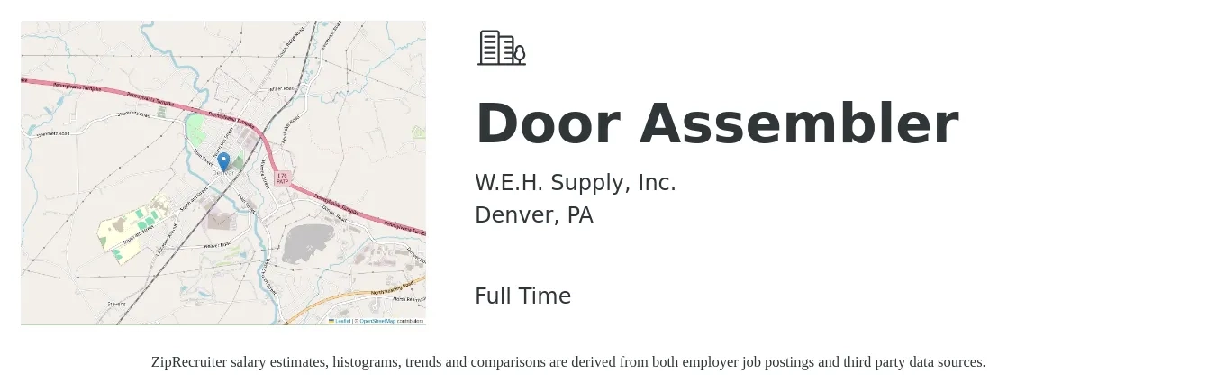 W.E.H. Supply, Inc. job posting for a Door Assembler in Denver, PA with a salary of $19 to $21 Hourly with a map of Denver location.