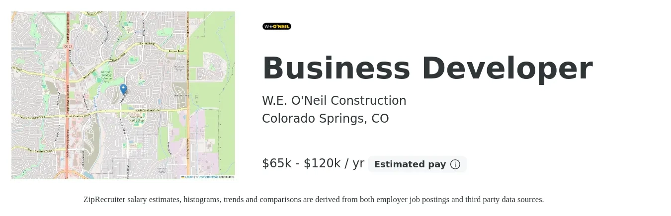 W.E. O'Neil Construction job posting for a Business Developer in Colorado Springs, CO with a salary of $65,000 to $120,000 Yearly with a map of Colorado Springs location.