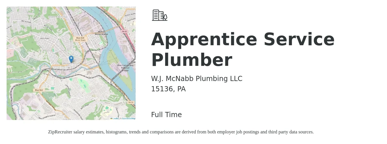W.J. McNabb Plumbing LLC job posting for a Apprentice Service Plumber in 15136, PA with a salary of $16 to $22 Hourly with a map of 15136 location.