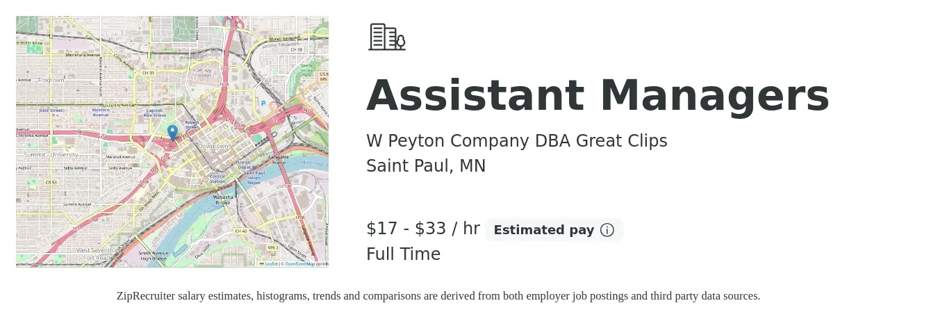 W Peyton Company DBA Great Clips job posting for a Assistant Managers in Saint Paul, MN with a salary of $18 to $35 Hourly with a map of Saint Paul location.
