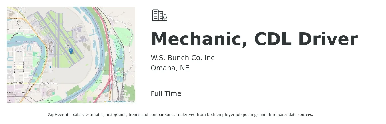 W.S. Bunch Co. Inc job posting for a Mechanic, CDL Driver in Omaha, NE with a salary of $1,220 to $1,630 Weekly with a map of Omaha location.