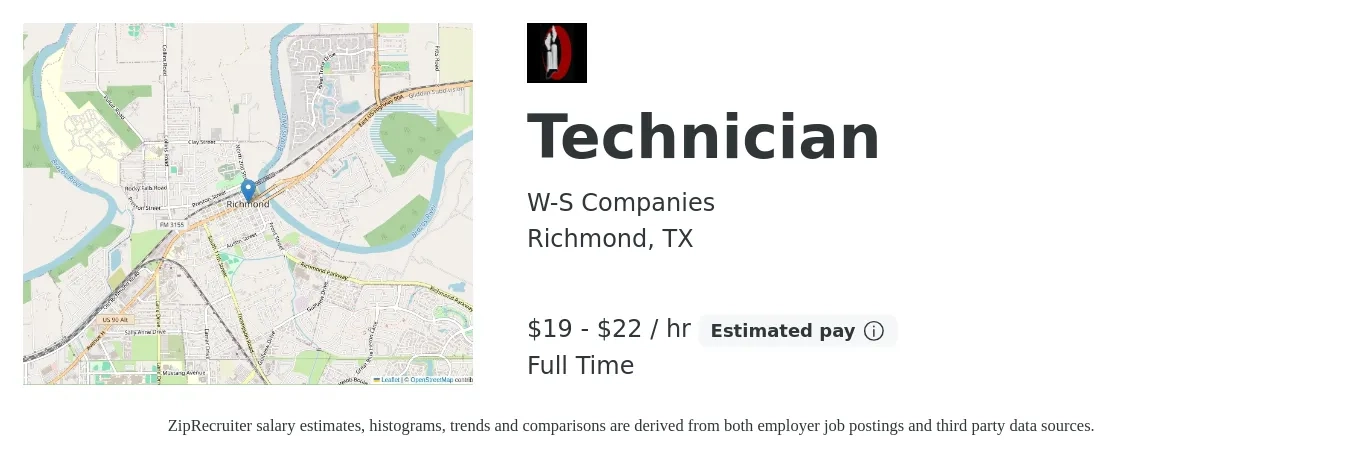 W-S Companies job posting for a Technician in Richmond, TX with a salary of $20 to $23 Hourly with a map of Richmond location.