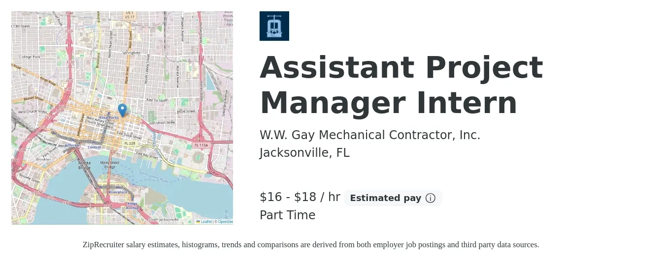 W.W. Gay Mechanical Contractor, Inc. job posting for a Assistant Project Manager Intern in Jacksonville, FL with a salary of $17 to $19 Hourly with a map of Jacksonville location.