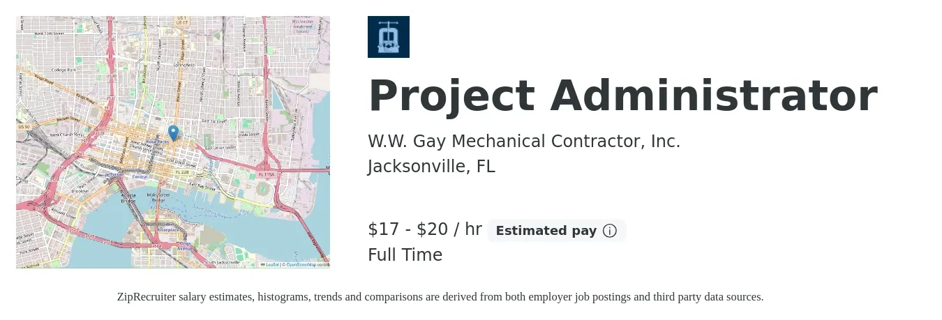 W.W. Gay Mechanical Contractor, Inc. job posting for a Project Administrator in Jacksonville, FL with a salary of $18 to $21 Hourly with a map of Jacksonville location.