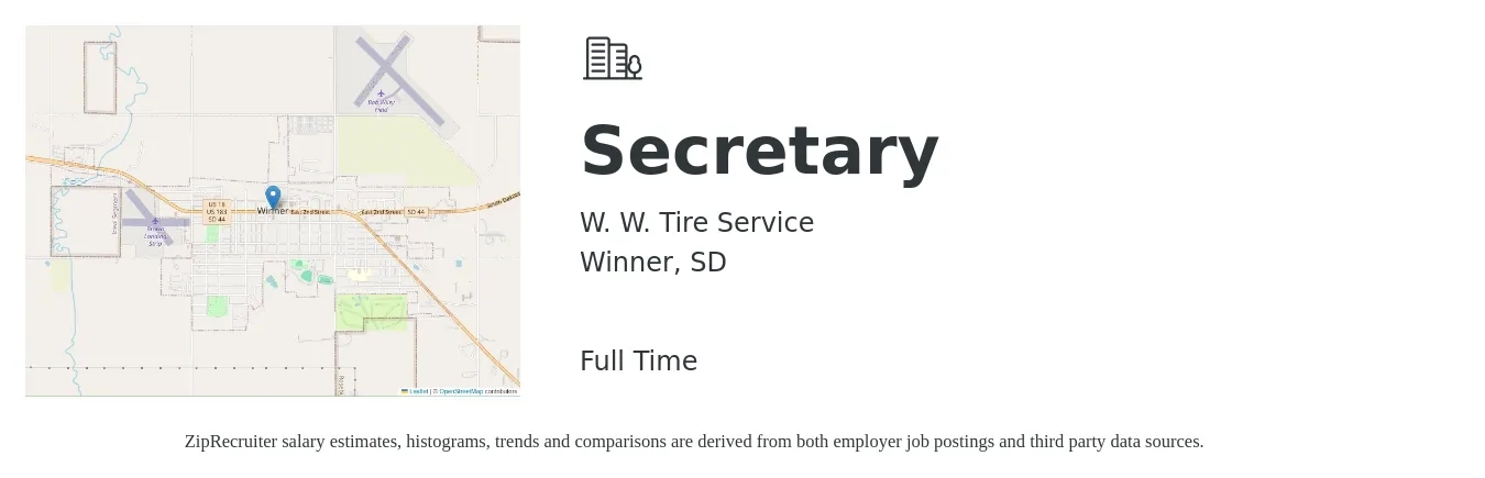 W. W. Tire Service job posting for a Secretary in Winner, SD with a salary of $35,000 to $49,000 Yearly with a map of Winner location.