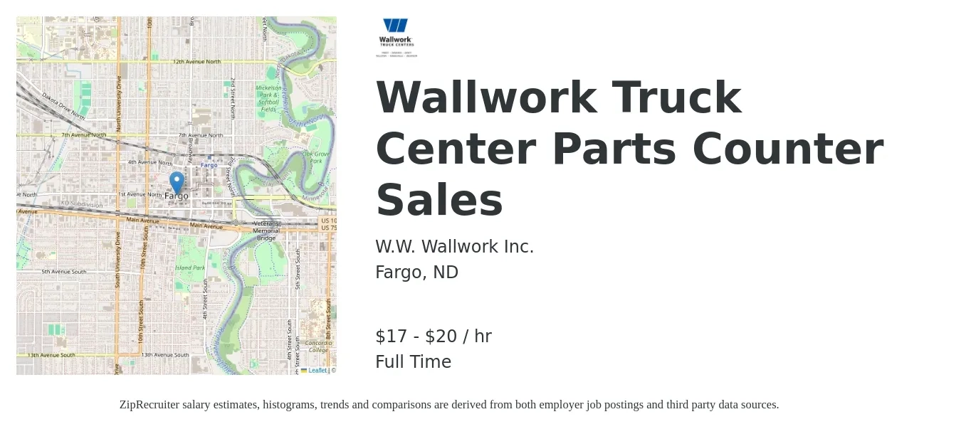 W.W. Wallwork Inc. job posting for a Wallwork Truck Center Parts Counter Sales in Fargo, ND with a salary of $18 to $21 Hourly with a map of Fargo location.