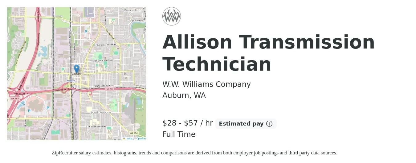 W.W. Williams Company job posting for a Allison Transmission Technician in Auburn, WA with a salary of $30 to $60 Hourly with a map of Auburn location.
