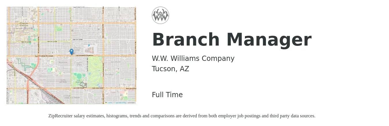 W.W. Williams Company job posting for a Branch Manager in Tucson, AZ with a salary of $51,000 to $77,000 Yearly with a map of Tucson location.
