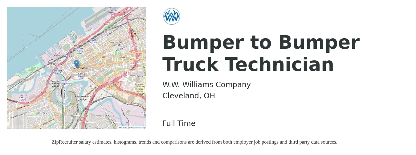 W.W. Williams Company job posting for a Bumper to Bumper Truck Technician in Cleveland, OH with a salary of $22 to $38 Hourly with a map of Cleveland location.