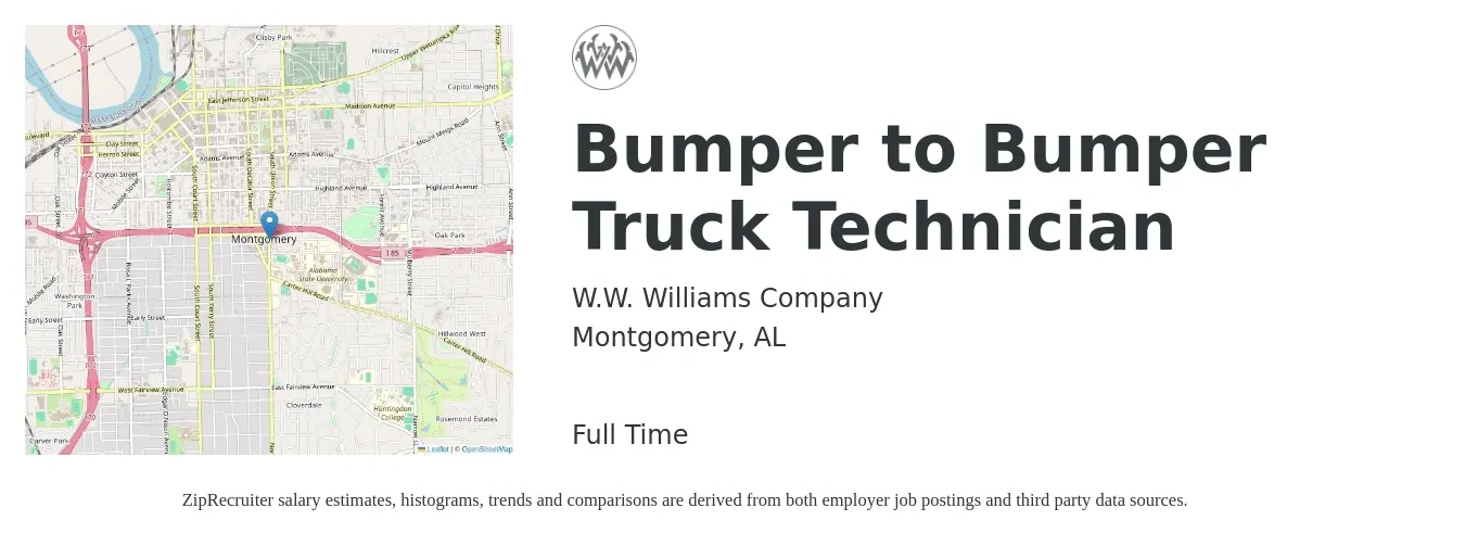 W.W. Williams Company job posting for a Bumper to Bumper Truck Technician in Montgomery, AL with a salary of $26 to $36 Hourly with a map of Montgomery location.