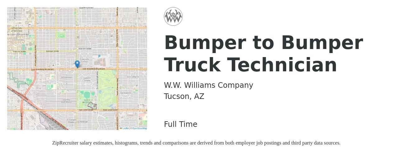 WW Williams job posting for a Bumper to Bumper Truck Technician in Tucson, AZ with a salary of $23 to $32 Hourly with a map of Tucson location.