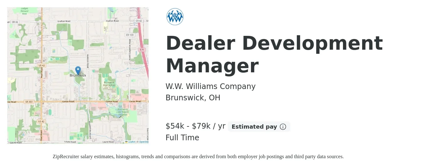 W.W. Williams Company job posting for a Dealer Development Manager in Brunswick, OH with a salary of $54,000 to $79,000 Yearly with a map of Brunswick location.