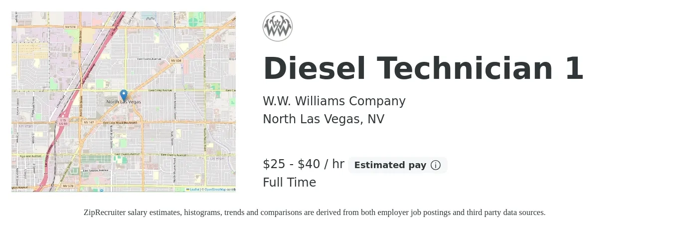 W.W. Williams Company job posting for a Diesel Technician 1 in North Las Vegas, NV with a salary of $27 to $42 Hourly with a map of North Las Vegas location.