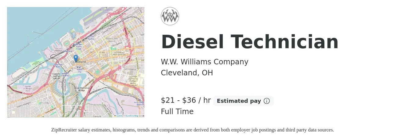 W.W. Williams Company job posting for a Diesel Technician in Cleveland, OH with a salary of $22 to $38 Hourly with a map of Cleveland location.