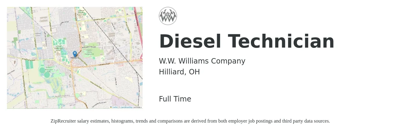 W.W. Williams Company job posting for a Diesel Technician in Hilliard, OH with a salary of $26 to $35 Hourly with a map of Hilliard location.