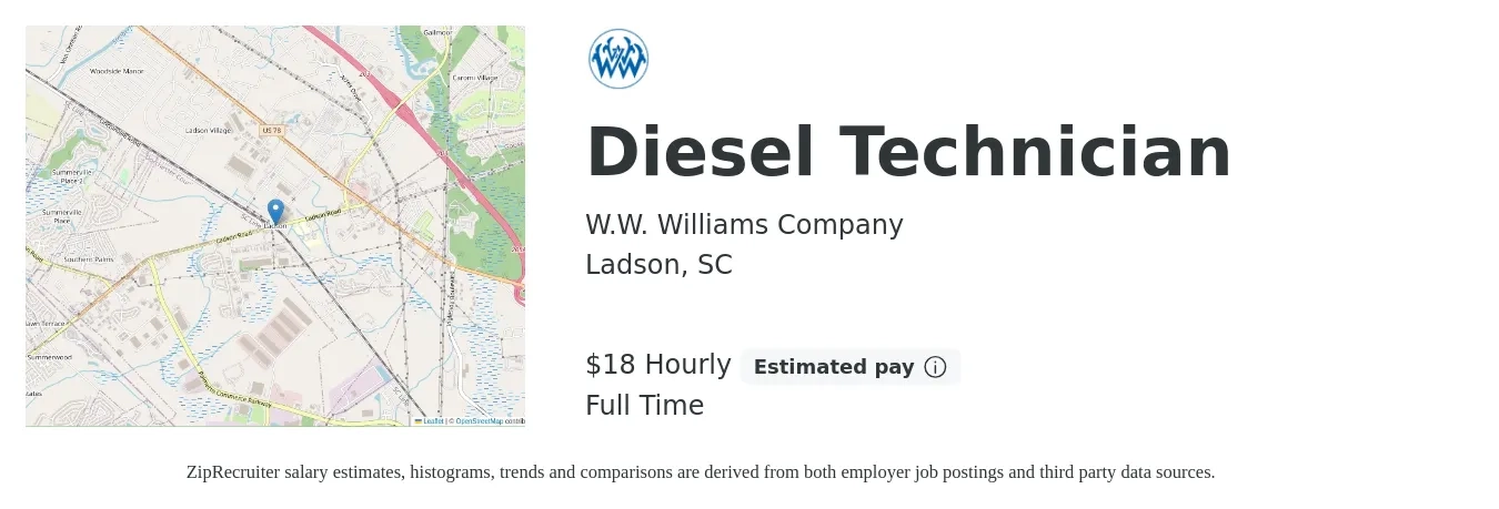 W.W. Williams Company job posting for a Diesel Technician in Ladson, SC with a salary of $26 to $36 Hourly with a map of Ladson location.